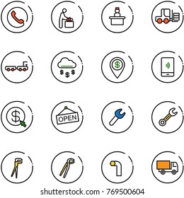 line vector icon set - phone vector, baby room, recieptionist, fork loader, baggage truck, money rain, dollar pin, mobile payment, click, open, wrench, plumber, allen key, toy