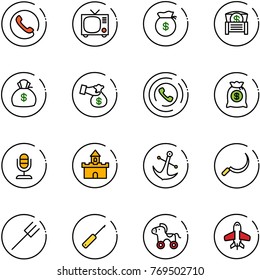 line vector icon set - phone vector, tv, money bag, chest, encashment, horn, microphone, sand fort, anchor, sickle, farm fork, awl, wheel horse, toy plane