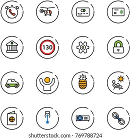line vector icon set - phone alarm vector, helicopter, credit card, tap pay, bank, speed limit 130 road sign, gear, locked, car, success, pineapple, beach, passport, laser, projector, link