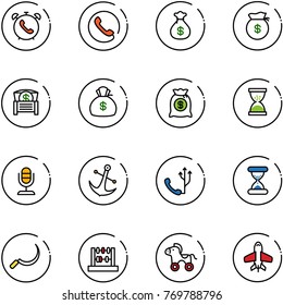 line vector icon set - phone alarm vector, money bag, chest, sand clock, microphone, anchor, sickle, abacus, wheel horse, toy plane
