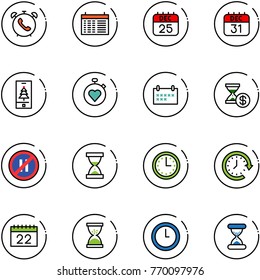 line vector icon set - phone alarm vector, schedule, 25 dec calendar, 31, christmas mobile, stopwatch heart, account history, no parking even road sign, sand clock, time, around