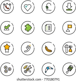 line vector icon set - phone alarm vector, heart, pound, download, check, puzzle, list, flag, star medal, flying man, banana, ship bell, flower, wrench hammer, boomerang, beanbag