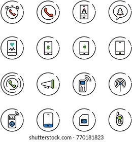 line vector icon set - phone alarm vector, christmas mobile, merry message, heart monitor, payment, horn, speaker, antenna, music player, sim, toy