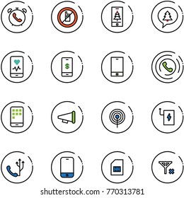 line vector icon set - phone alarm vector, no mobile sign, christmas, merry message, heart monitor, payment, horn, speaker, antenna, power bank, sim, signal