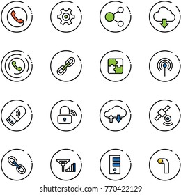 line vector icon set - phone vector, gear, share, download cloud, horn, link, puzzle, antenna, usb wi fi, wireless lock, exchange data, satellite, fine signal, server, allen key