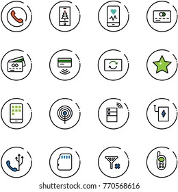 line vector icon set - phone vector, christmas mobile, heart monitor, credit card, tap pay, exchange, star, antenna, server wireless, power bank, micro flash, no signal, toy