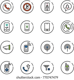 line vector icon set - phone vector, no mobile sign, christmas, merry message, heart monitor, payment, horn, speaker, antenna, music player, signal, toy