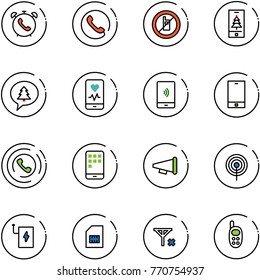 line vector icon set - phone alarm vector, no mobile sign, christmas, merry message, heart monitor, payment, horn, speaker, antenna, power bank, sim, signal, toy