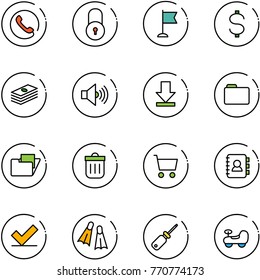 line vector icon set - phone vector, lock, flag, dollar, volume max, download, folder, trash bin, cart, contact book, check, flippers, screwdriver, baby car