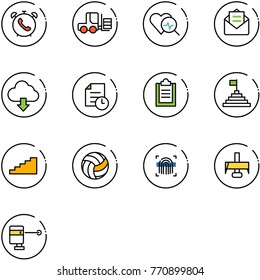 line vector icon set - phone alarm vector, fork loader, heart diagnosis, opened mail, download cloud, history, clipboard, pyramid flag, stairs, volleyball, fingerprint scanner, milling cutter