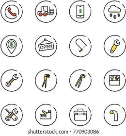 line vector icon set - phone vector, fork loader, mobile payment, money rain, dollar pin, open, fretsaw, wrench, plumber, tool box, screwdriver, stapler, allen key