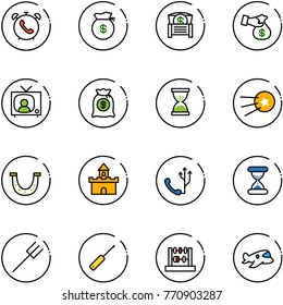 line vector icon set - phone alarm vector, money bag, chest, encashment, tv news, sand clock, first satellite, luck, fort, farm fork, awl, abacus, plane toy