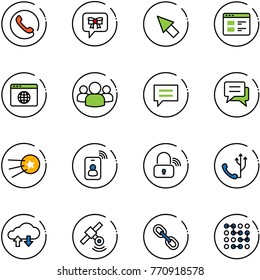 line vector icon set - phone vector, bow message, cursor, website, browser globe, group, chat, first satellite, identity card, wireless lock, cloud exchange data, link, circuit