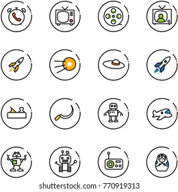line vector icon set - phone alarm vector, tv, film coil, news, rocket, first satellite, woman hat, jointer, sickle, robot, plane toy, radio, russian doll