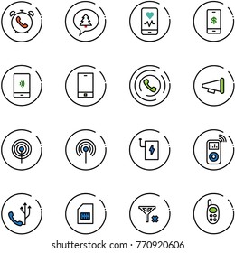 line vector icon set - phone alarm vector, merry christmas message, mobile heart monitor, payment, horn, speaker, antenna, power bank, music player, sim, no signal, toy