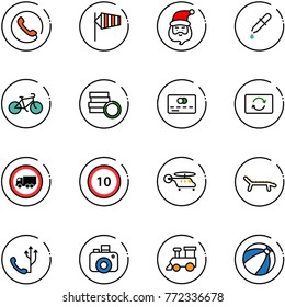 line vector icon set - phone vector, side wind, santa claus, pipette, bike, coin, credit card, exchange, no truck road sign, speed limit 10, helicopter, lounger, camera, toy train, beach ball