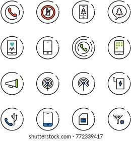 line vector icon set - phone vector, no mobile sign, christmas, merry message, heart monitor, horn, speaker, antenna, power bank, sim, signal