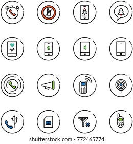 line vector icon set - phone alarm vector, no mobile sign, christmas, merry message, heart monitor, payment, horn, speaker, antenna, sim, signal, toy