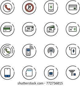 line vector icon set - phone vector, no mobile sign, payment, credit card, tap pay, horn, antenna, power bank, micro flash, sim, signal