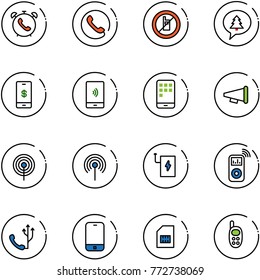 line vector icon set - phone alarm vector, no mobile sign, merry christmas message, payment, speaker horn, antenna, power bank, music player, sim, toy
