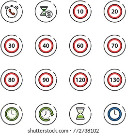 line vector icon set - phone alarm vector, account history, speed limit 10 road sign, 20, 30, 40, 60, 70, 80, 90, 120, 130, time, clock around, sand