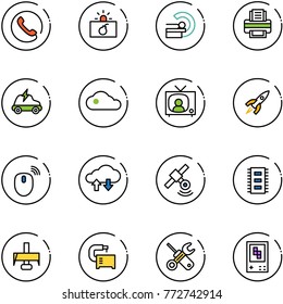 line vector icon set - phone vector, terrorism, mri, printer, electric car, cloud, tv news, rocket, mouse wireless, exchange data, satellite, chip, milling cutter, machine tool, wrench screwdriver