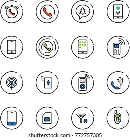 line vector icon set - phone alarm vector, merry christmas message, mobile heart monitor, horn, antenna, power bank, music player, sim, no signal, toy