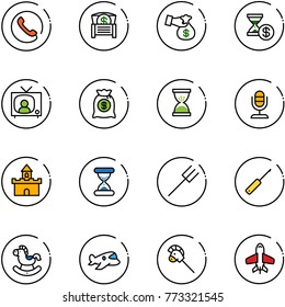 line vector icon set - phone vector, money chest, encashment, account history, tv news, bag, sand clock, microphone, fort, farm fork, awl, rocking horse, plane toy, stick