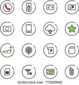 line vector icon set - phone vector, christmas mobile, tap pay, credit card, exchange, upload cloud, star, growth, antenna, power bank, micro flash, sim, no signal, generator, toy