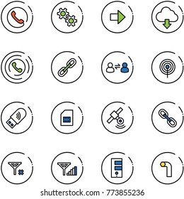 line vector icon set - phone vector, gear, right arrow, download cloud, horn, link, information exchange, antenna, usb wi fi, sim, satellite, no signal, fine, server, allen key