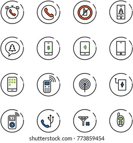 line vector icon set - phone alarm vector, no mobile sign, christmas, merry message, payment, antenna, power bank, music player, signal, toy