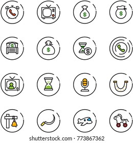 line vector icon set - phone alarm vector, tv, money bag, chest, account history, horn, news, sand clock, microphone, luck, ship bell, sickle, plane toy, wheel horse