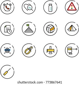 line vector icon set - phone alarm vector, heart diagnosis, vial, traffic light road sign, history, pyramid flag, volleyball, tent, fingerprint scanner, side cutters, milling cutter, laser lever