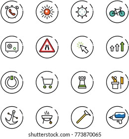 line vector icon set - phone alarm vector, sun, virus, bike, safe, Road narrows sign, cursor, arrows up, standby, cart, chess tower, speaker, anchor, grill, mason hammer, water gun