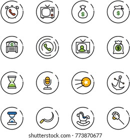 line vector icon set - phone alarm vector, tv, money bag, chest, horn, news, sand clock, microphone, first satellite, anchor, sickle, rocking horse, stick toy