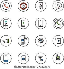 line vector icon set - phone vector, no mobile sign, christmas, merry message, heart monitor, payment, horn, speaker, antenna, power bank, sim, signal, toy