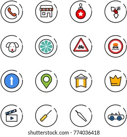 line vector icon set - phone vector, duty free, christmas ball, holly, dog, lemon slice, road for moto sign, no dangerous cargo, only forward, map pin, pennant, crown, movie flap, awl, forceps