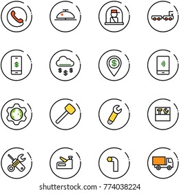 line vector icon set - phone vector, client bell, officer window, baggage truck, mobile payment, money rain, dollar pin, gear globe, rubber hammer, wrench, tool box, screwdriver, stapler, allen key