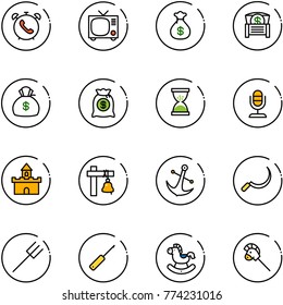 line vector icon set - phone alarm vector, tv, money bag, chest, sand clock, microphone, fort, ship bell, anchor, sickle, farm fork, awl, rocking horse, stick toy