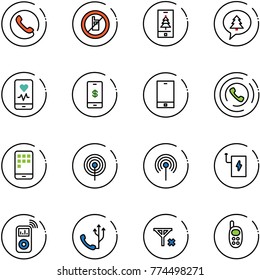 line vector icon set - phone vector, no mobile sign, christmas, merry message, heart monitor, payment, horn, antenna, power bank, music player, signal, toy