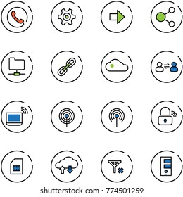 line vector icon set - phone vector, gear, right arrow, share, network folder, link, cloud, information exchange, notebook wi fi, antenna, wireless lock, sim, data, no signal, server