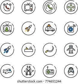 line vector icon set - phone alarm vector, tv, horn, film coil, news, rocket, car baggage, wireless speaker, jointer, sickle, robot, plane toy, radio, russian doll