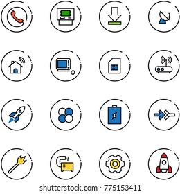 line vector icon set - phone vector, atm, download, satellite antenna, wireless home, monoblock pc, sim, wi fi router, rocket, atom core, battery, connect, wood drill, machine tool, gear