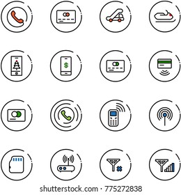 line vector icon set - phone vector, credit card, trap truck, snowmobile, christmas mobile, payment, tap pay, horn, antenna, micro flash, wi fi router, no signal, fine