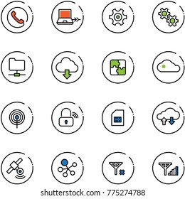 line vector icon set - phone vector, netabook connect, gear, network folder, download cloud, puzzle, antenna, wireless lock, sim, exchange data, satellite, molecule, no signal, fine