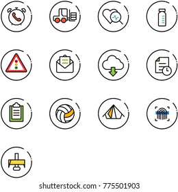 line vector icon set - phone alarm vector, fork loader, heart diagnosis, vial, traffic light road sign, opened mail, download cloud, history, clipboard, volleyball, tent, fingerprint scanner