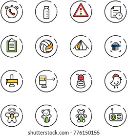 line vector icon set - phone alarm vector, vial, traffic light road sign, history, clipboard, volleyball, tent, fingerprint scanner, milling cutter, laser lever, pyramid toy, chicken, bear, radio