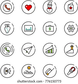 line vector icon set - phone vector, heart, snowman, star postcard, statistics, money case, gear, horn, paper plane, growth, success, solution, reading, suitcase, beanbag