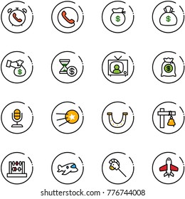 line vector icon set - phone alarm vector, money bag, encashment, account history, tv news, microphone, first satellite, luck, ship bell, abacus, plane toy, horse stick