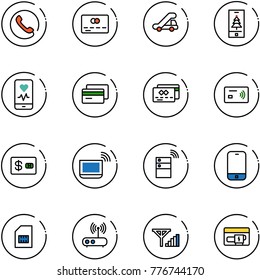 line vector icon set - phone vector, credit card, trap truck, christmas mobile, heart monitor, tap pay, notebook wi fi, server wireless, sim, router, fine signal, generator